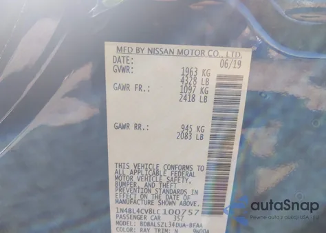 2020 Nissan Altima Sr Fwd z USA, uszkodzony, nr VIN 1N4BL4CV8LC100757